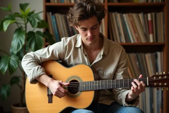 Jeune guitariste jouant les accords de Je Te Promets sur une guitare acoustique classique dans un salon chaleureux