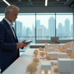 Homme d'affaires en costume observant un modele urbain