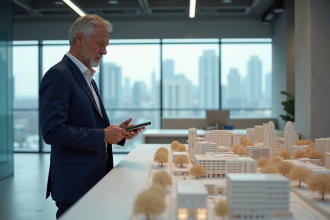 Homme d'affaires en costume observant un modele urbain