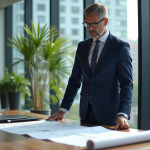 Homme d'affaires en costume bleu dans un bureau moderne