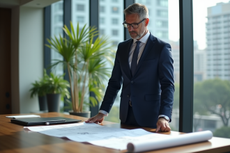 Homme d'affaires en costume bleu dans un bureau moderne