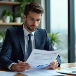 Jeune homme d'affaires en costume bleu examine des rapports financiers