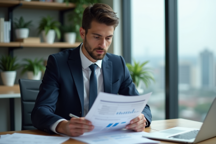 Jeune homme d'affaires en costume bleu examine des rapports financiers