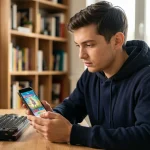 Jeune homme utilisant une application de cartes Pokémon TCG Pocket sur smartphone à son bureau