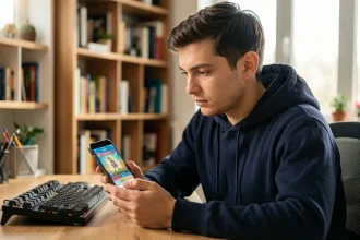 Jeune homme utilisant une application de cartes Pokémon TCG Pocket sur smartphone à son bureau