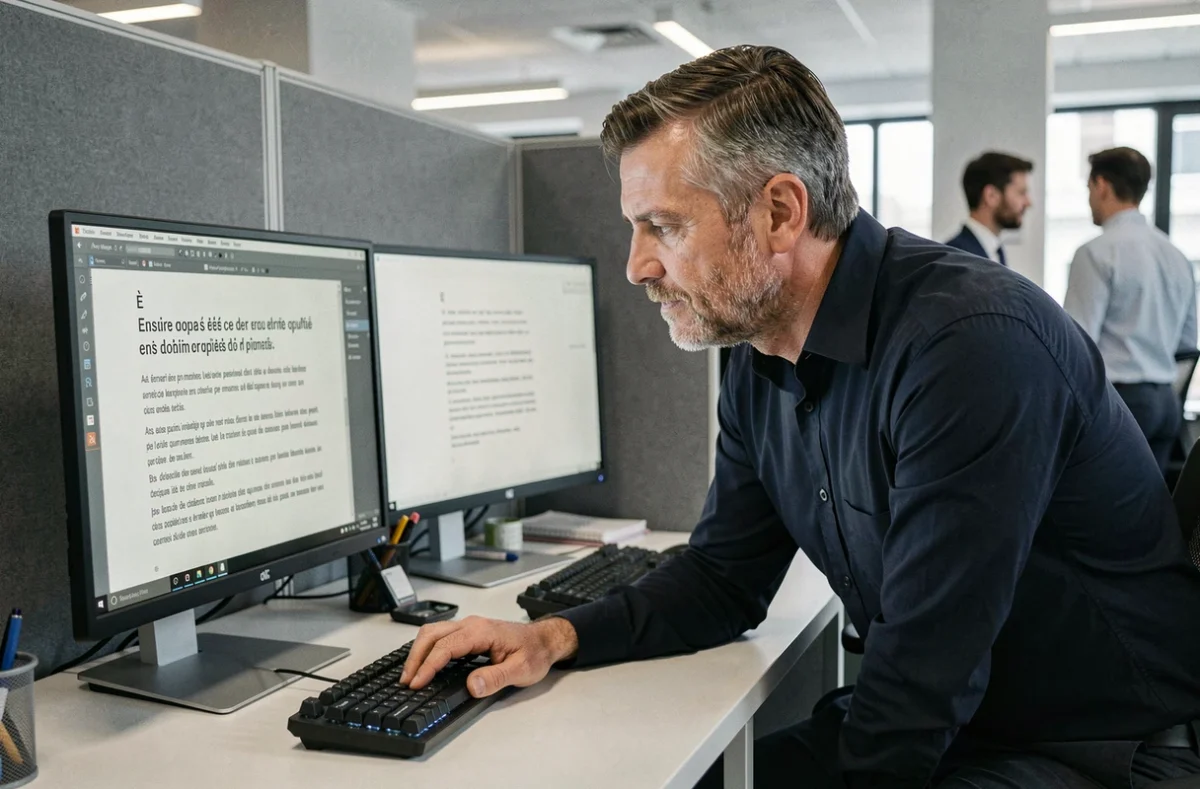 Homme en open space utilisant un raccourci clavier pour insérer un È majuscule accent grave dans un document Word