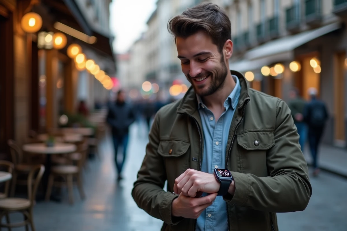 Homme regardant sa montre dans un café en ville