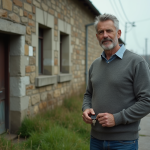 Homme d'âge moyen tenant des clés devant une maison abandonnée
