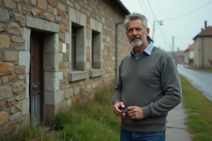 Homme d'âge moyen tenant des clés devant une maison abandonnée
