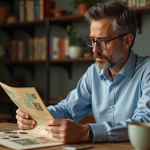 Homme d'âge moyen examinant des pièces anciennes dans une cuisine chaleureuse
