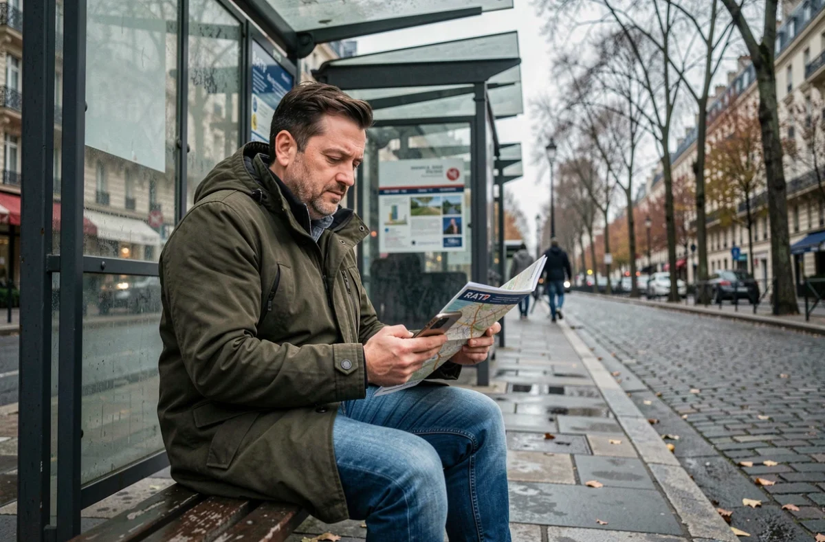 Homme comparant une application mobile et un plan papier RATP à un arrêt de bus parisien par temps nuageux