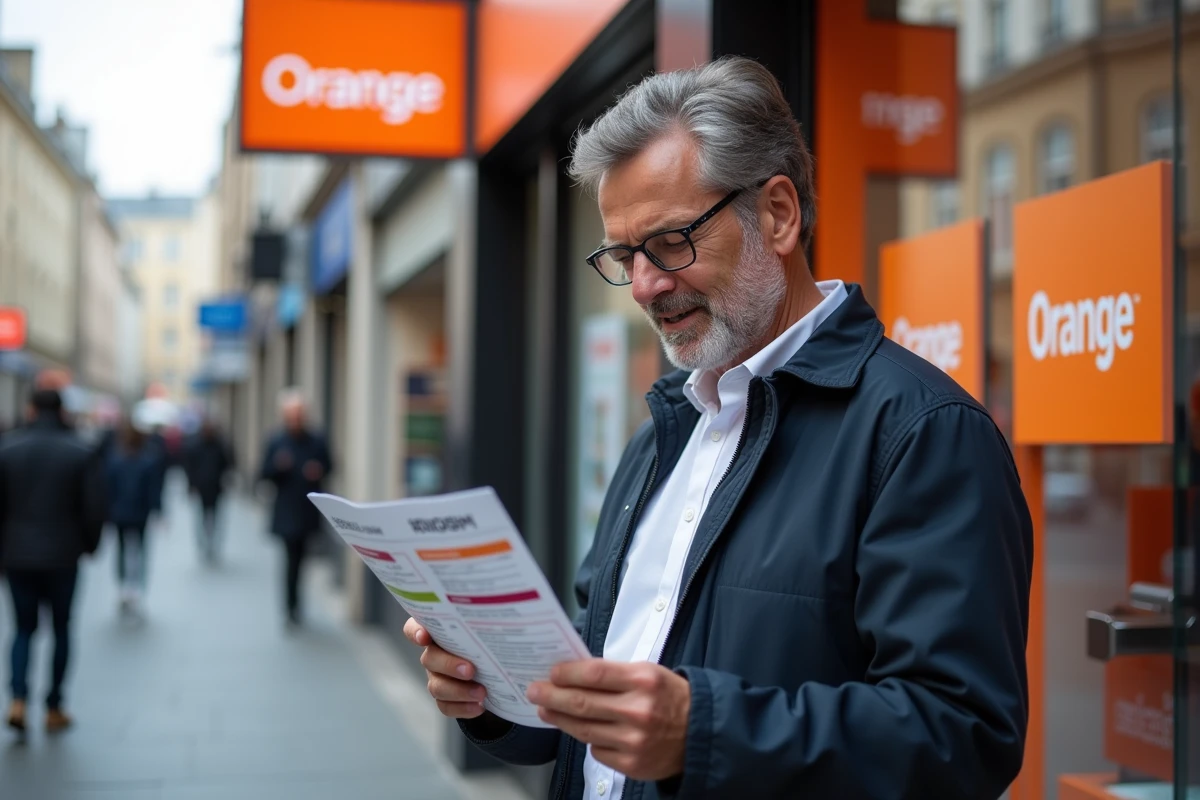 Homme consultant un comparatif de prix de carte SIM Orange devant une boutique en ville