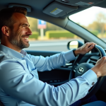 Homme d'affaires au volant d'une voiture hybride moderne sur l'autoroute
