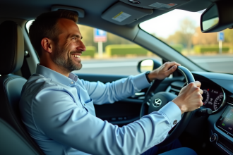 Homme d'affaires au volant d'une voiture hybride moderne sur l'autoroute