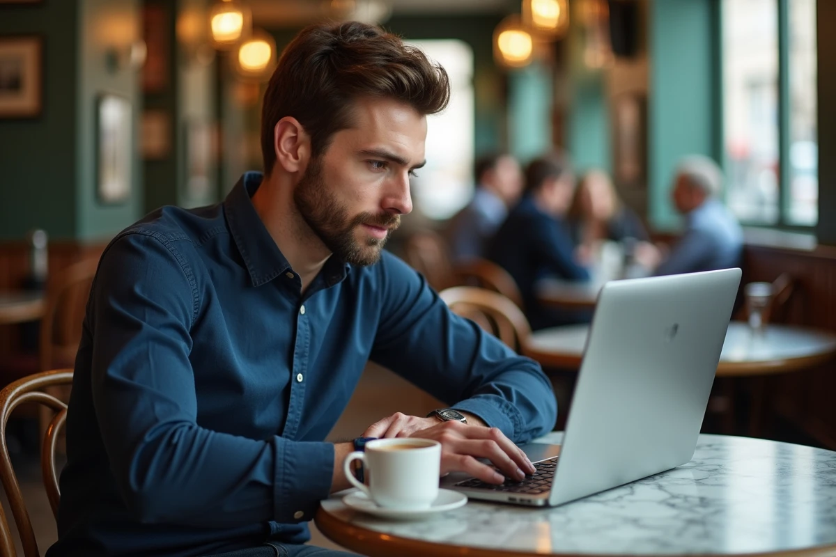 Homme en train de corriger une faute de grammaire française sur son ordinateur portable dans un café parisien