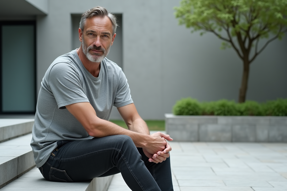 Homme assis dans une cour urbaine tranquille