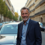 Homme français debout près de sa voiture à Paris