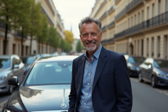 Homme français debout près de sa voiture à Paris