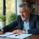 Homme d'âge moyen lisant des documents juridiques lumineux