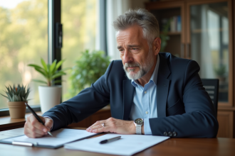 Homme d'âge moyen lisant des documents juridiques lumineux