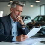 Homme d'âge moyen examinant des documents dans un showroom automobile