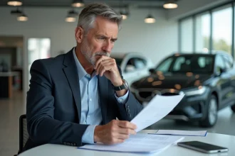 Homme d'âge moyen examinant des documents dans un showroom automobile