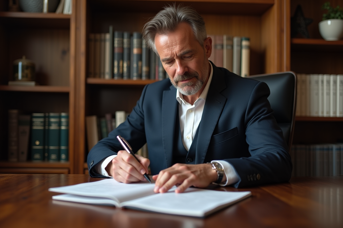 Homme d'affaires lisant un livret patrimoine dans un bureau élégant