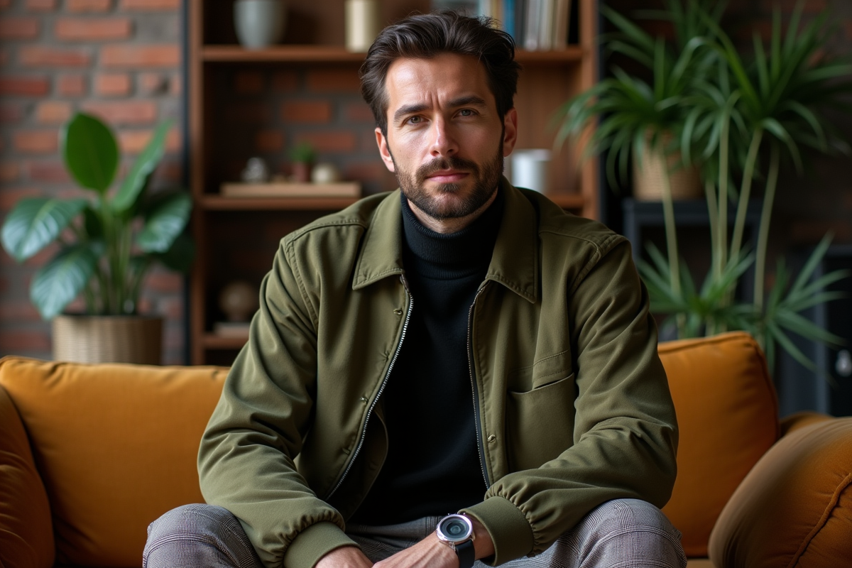 Homme en bomber vert dans un loft cosy