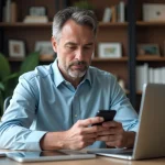 Homme d age moyen utilisant son smartphone dans un bureau moderne