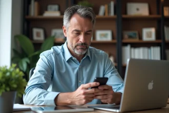 Homme d age moyen utilisant son smartphone dans un bureau moderne