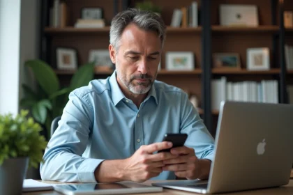 Homme d age moyen utilisant son smartphone dans un bureau moderne