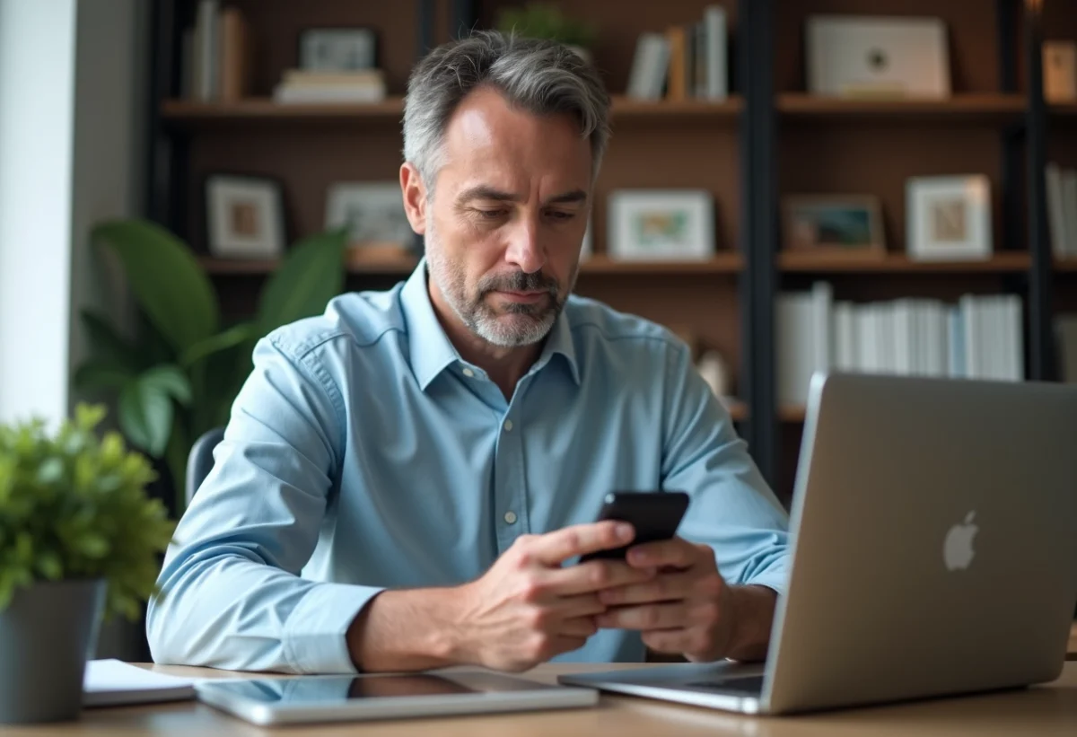 Homme d age moyen utilisant son smartphone dans un bureau moderne