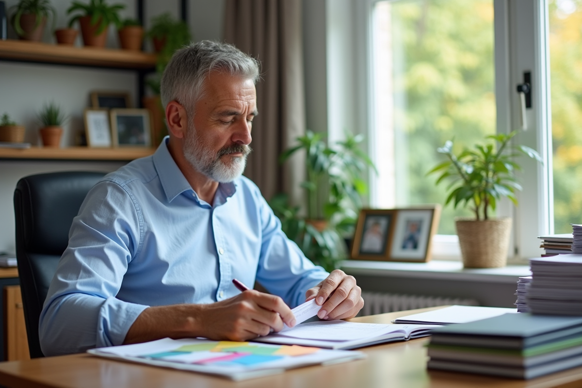 Homme classant des enveloppes et reçus dans un bureau à domicile