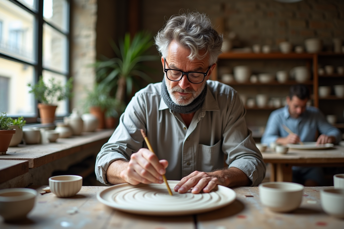 Homme middleaged peignant une assiette en céramique dans un atelier