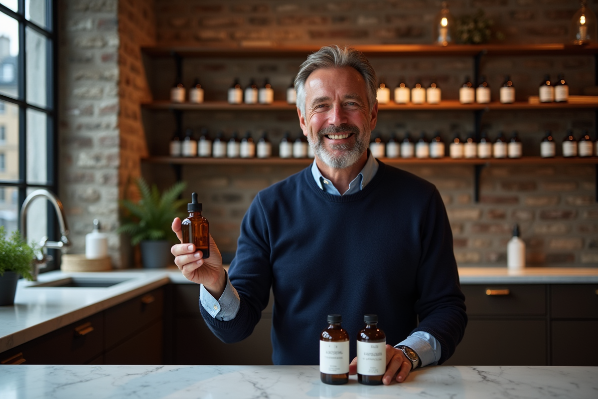 Homme présentant un parfum dans un atelier parisien