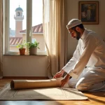 Homme musulman déroulant un tapis de prière dans un appartement toulousain avant la salat