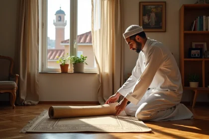 Homme musulman déroulant un tapis de prière dans un appartement toulousain avant la salat