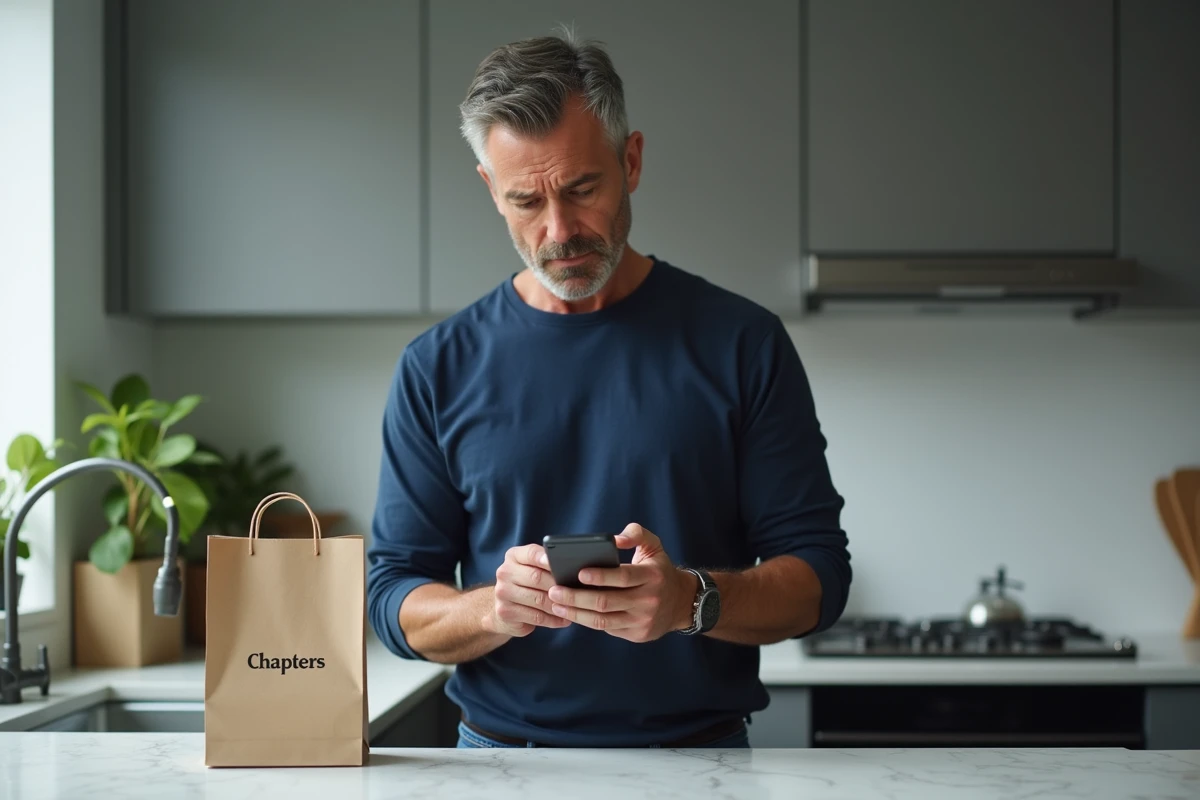 Homme perplexe vérifiant son téléphone à côté d'un sac Chapters dans une cuisine moderne