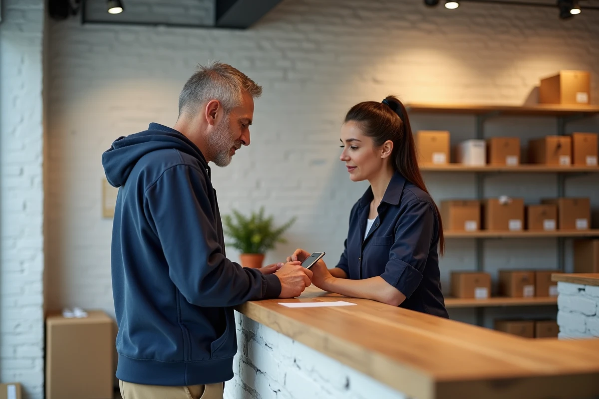 Homme montrant son téléphone à une employée dans un point relais