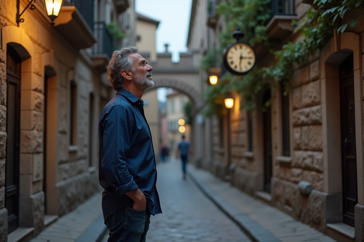 Homme dans une ruelle européenne observant une horloge affichant 08h08, signe du destin et signification du nombre 0808