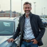 Homme souriant à côté d'une voiture moderne en concession