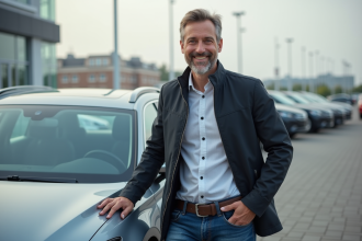 Homme souriant à côté d'une voiture moderne en concession
