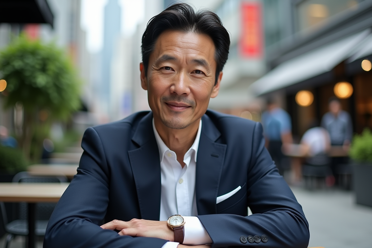 Homme en costume moderne assis dans un café à Tokyo