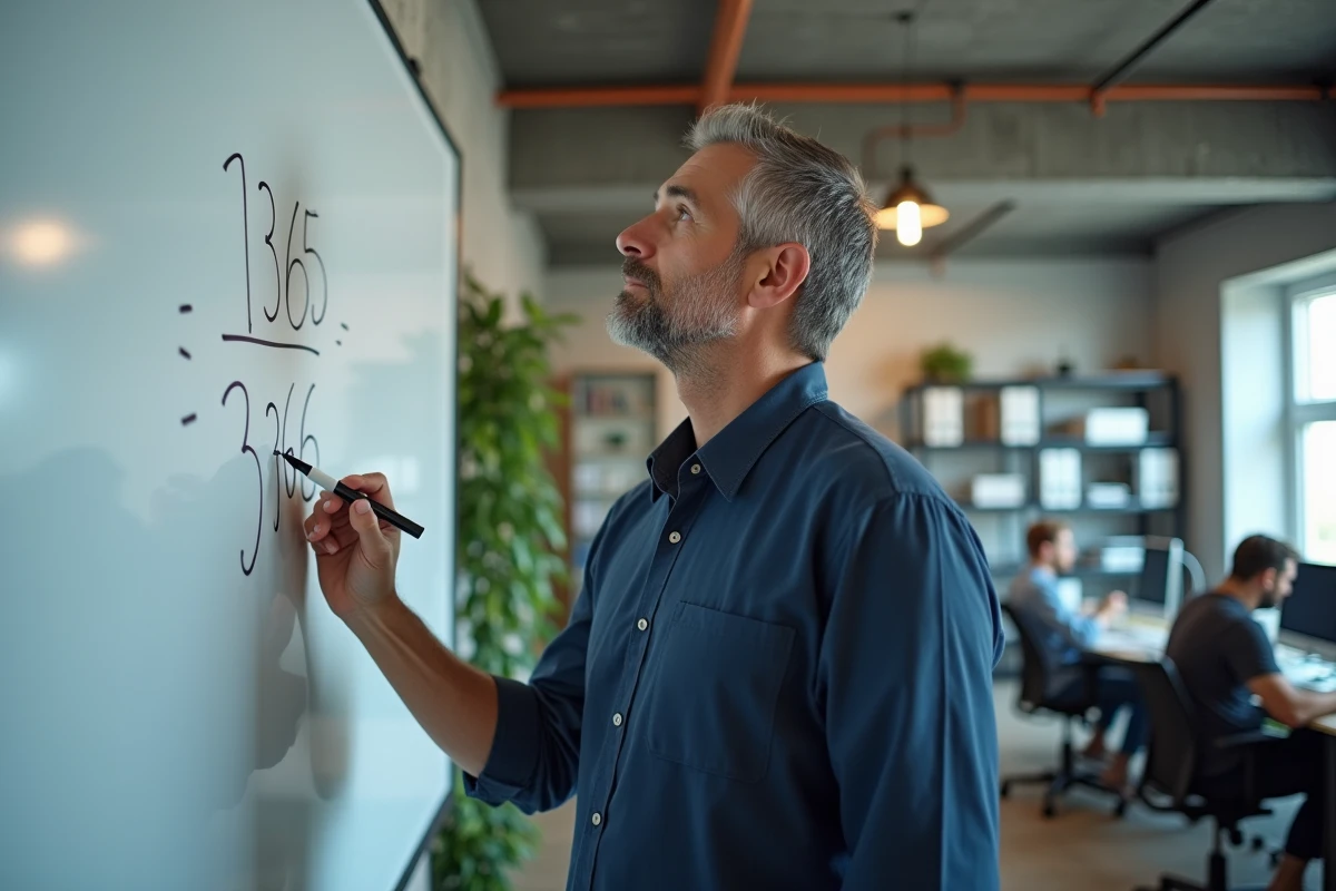 Homme écrivant les chiffres 365 et 366 sur un tableau blanc dans un espace de coworking moderne, symbolisant la différence entre année normale et année bissextile