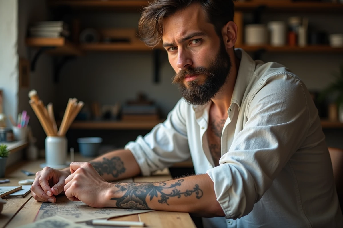 Homme avec tatouage Wegvisir dans un atelier artistique
