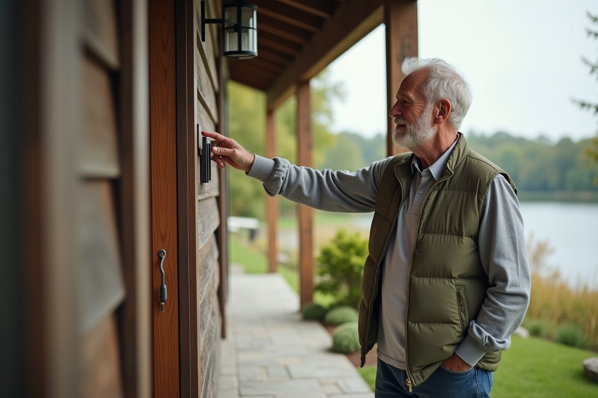Homme ajustant le thermostat devant une maison de campagne