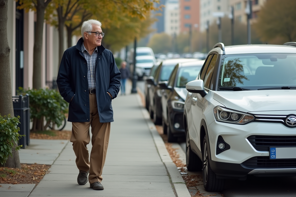 Homme âgé observant une voiture écologique en ville
