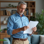 Homme d'âge moyen examinant un rapport immobilier dans un salon
