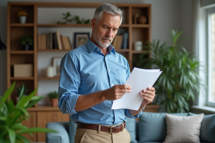 Homme d'âge moyen examinant un rapport immobilier dans un salon