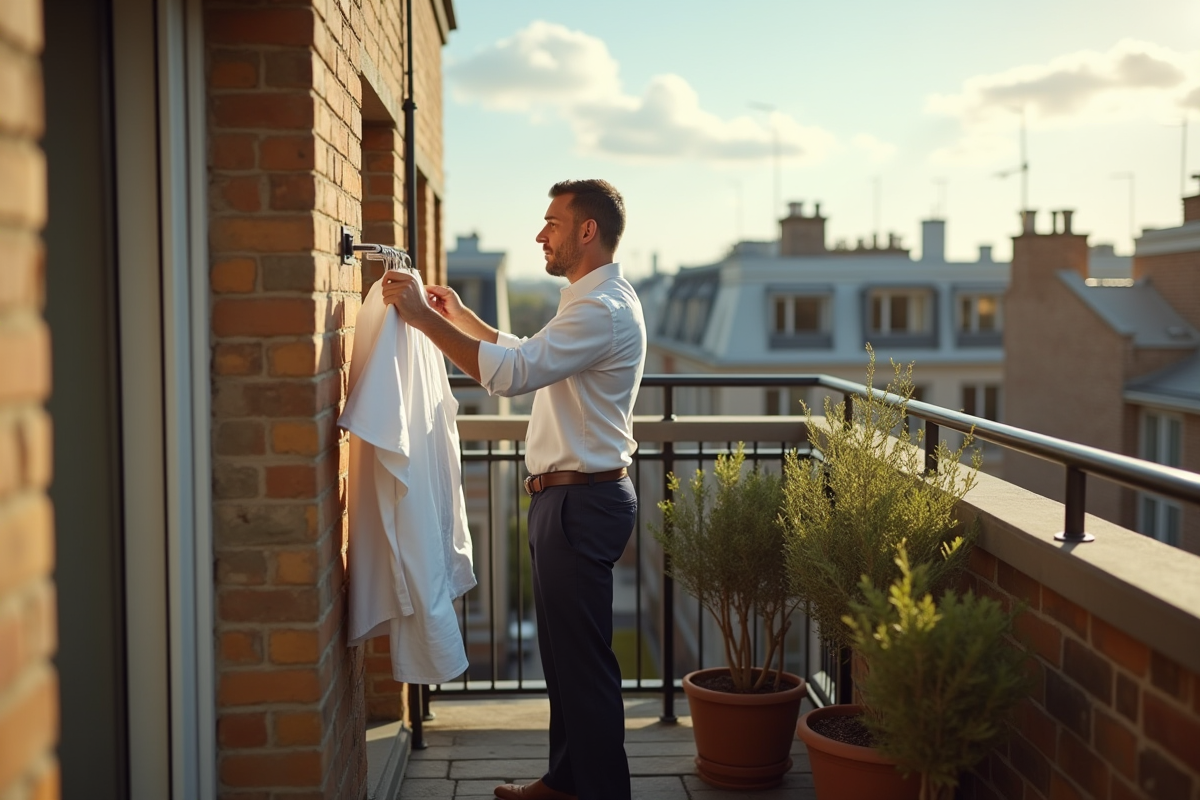 Homme accroche ses vêtements sur un balcon ensoleille